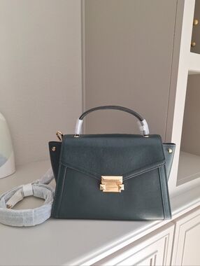 NWT Michael Kors Whitney Polished Leather Top Handle Satchel Racing Green/Gold
